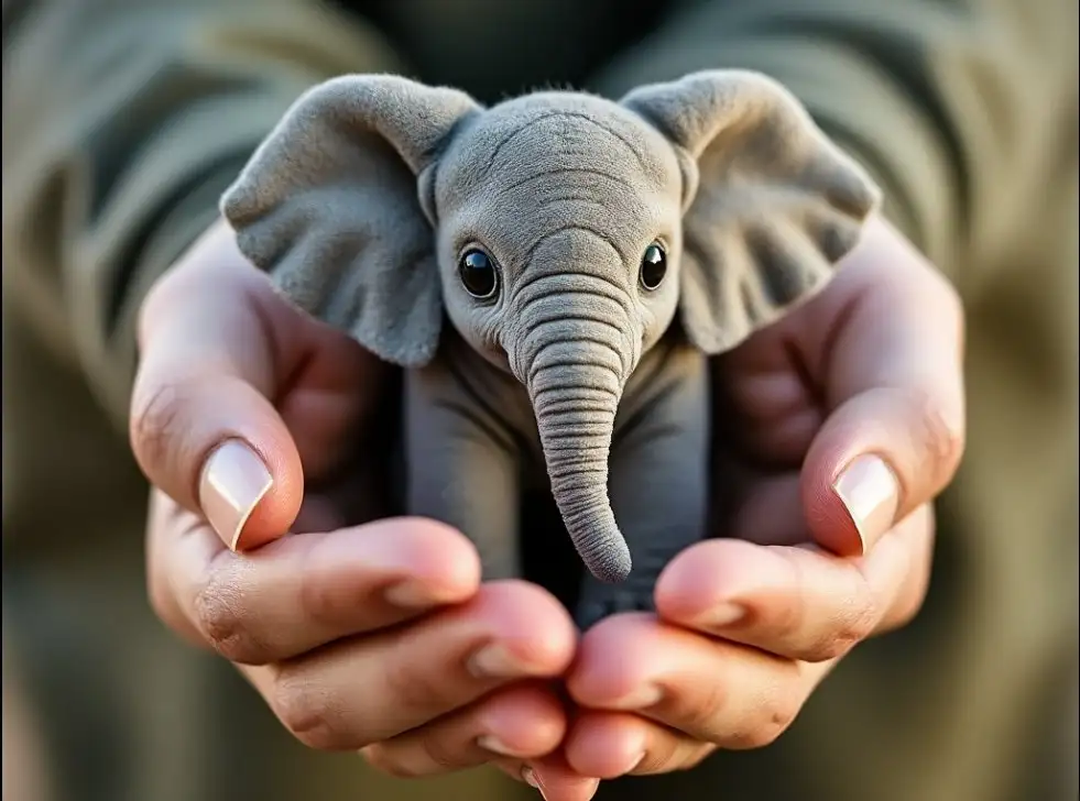 A person holding a tiny elephant